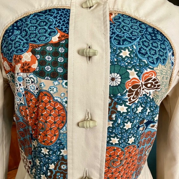 Vintage 70s Japanese Floral Patchwork Ivory Hooded Cotton Canvas Coat S/M - Picture 2 of 10